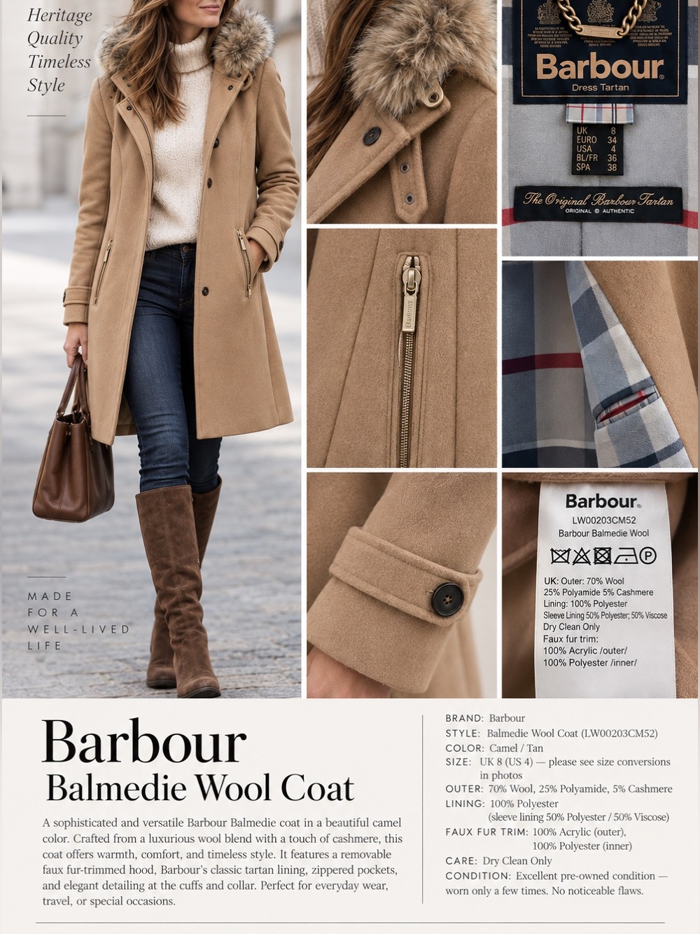 Barbour Balmedie Wool Cashmere Coat | Camel | Faux Fur Hood | UK 8 / US 4